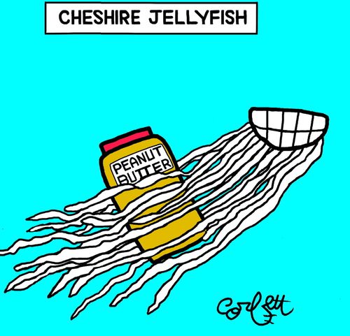 Cheshire jellyfish carrying jar of peanut butter
