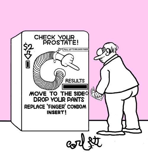 Man with money in hand reads instructions on 'Check prostate' vending machine