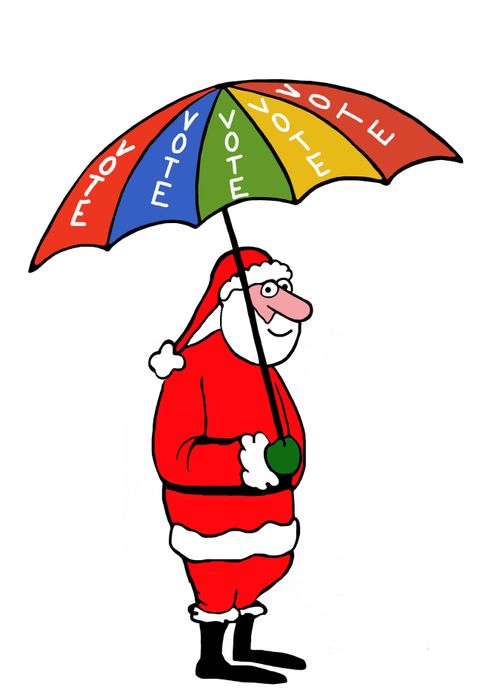 Color cartoon of Santa Claus holding an umbrella that reads VOTE.