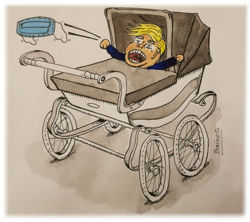 Donald Trump in a pram throwing out a mask