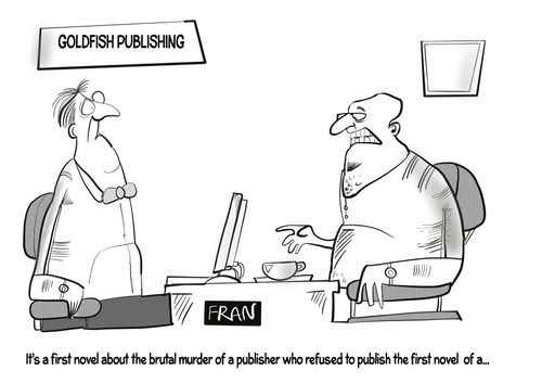 "It's a first novel about the brutal murder of a publisher who refused to publish the first novel of a..."