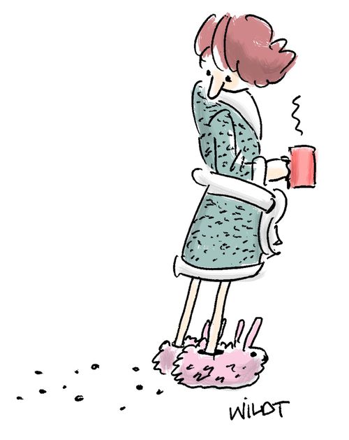 Woman in bunny slippers notices rabbit droppings.
