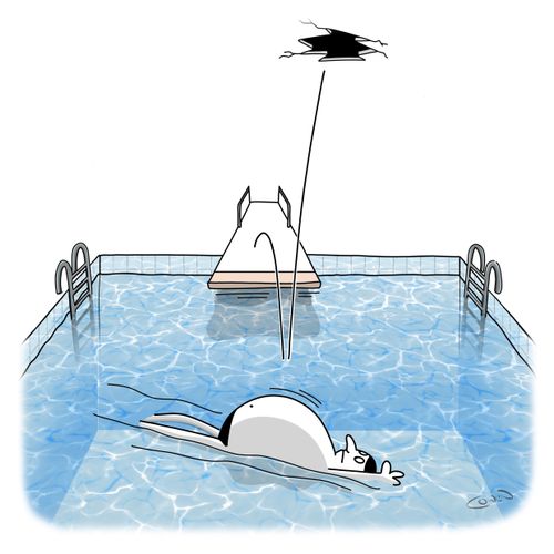 Cartoon showing a man swimming, when another swimmer has dived, bounced off his stomach and smashed through the ceiling. 