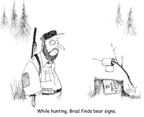 While hunting, Brad finds bear signs. (hunter in woods looking at toilet paper roll on a branch)