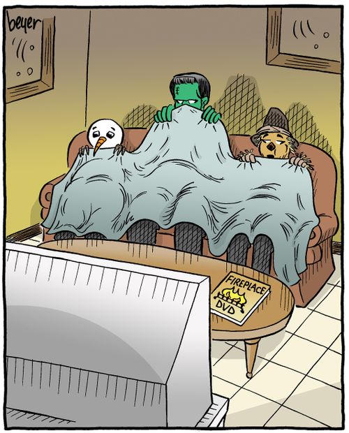 A snowman, Frankenstein's monster and a scarecrow watch a fireplace DVD.