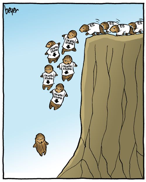 Lemmings jump off a cliff wearing t-shirts reading 'I'm with stupid'.