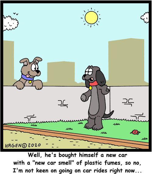Well, he's bought himself a new car with a "new car smell" of plastic fumes, so no, I'm not keen on going on car rides right now...