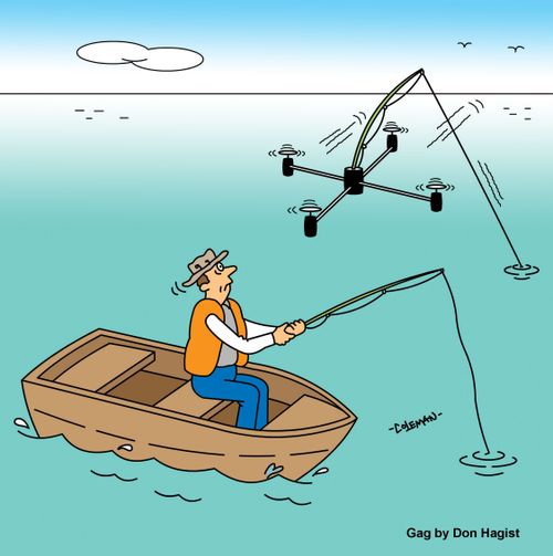 A fisherman reacts as he sees a drone flying over the lake with a fishing line into the water below.