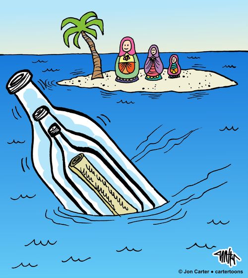 Nesting dolls stranded on an island send out nesting bottles with messages in each of them.