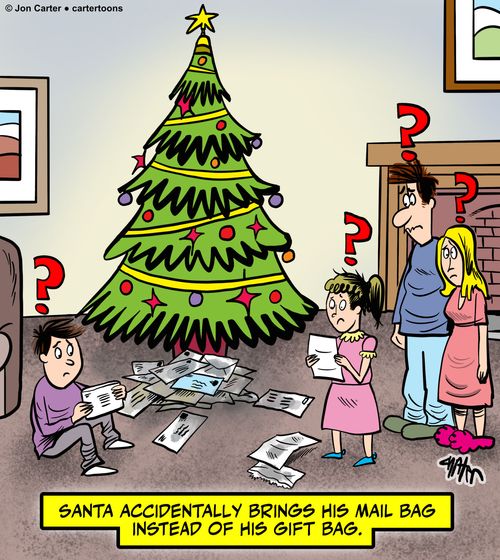 Santa accidentally brings his mail bag instead of his gift bag.