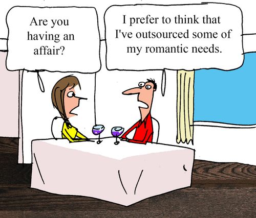 "Are you having an affair"?  "I prefer to think of it as outsourcing my romantic needs."