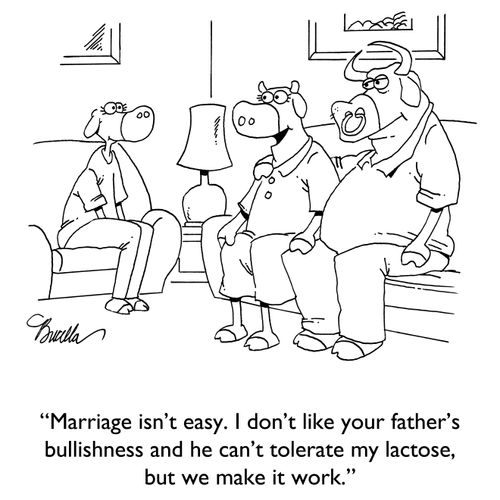 "Marriage isn't easy. I don't like your father's bullishness and he can't tolerate my lactose, but we make it work."
