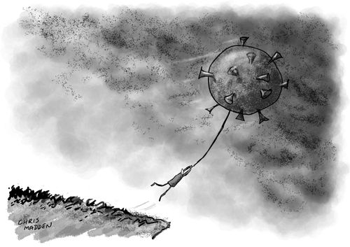 Covid-19 virus as a balloon carrying a person away