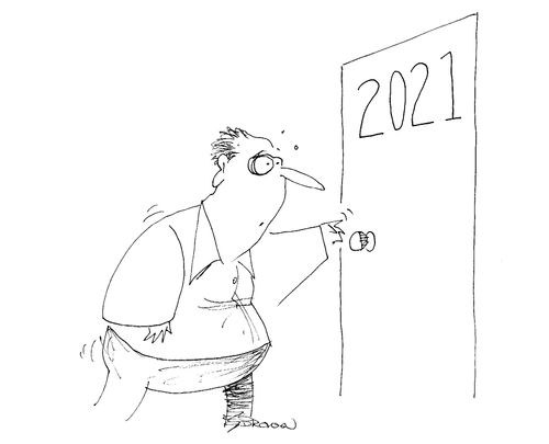 Man nervously entering a door marked 2021