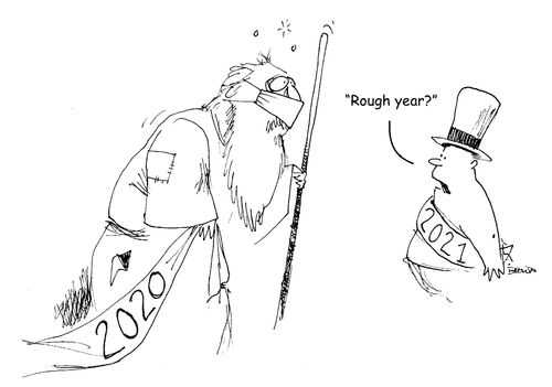 "Rough year?" (2021 new year baby asking 2020 old year man)