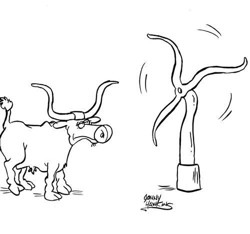 Texas longhorn sees wind turbine that resembles its long horns