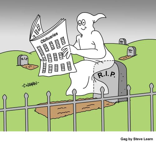 Ghost Reading Newspaper Obituary Column