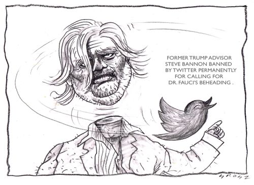 Former Trump advisor Steve Bannon banned by Twitter permanently for calling for Dr. Fauci's begeading. 