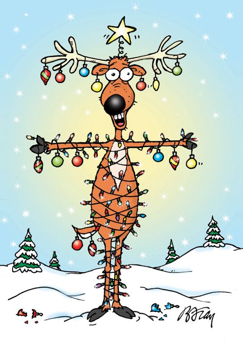 Reindeer decorated as Christmas tree.