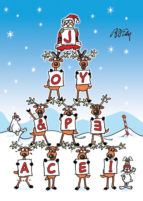Santa and reindeer in pyramid hold up JOY & PEACE sign