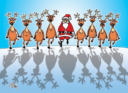 Santa and reindeer in line with shadows