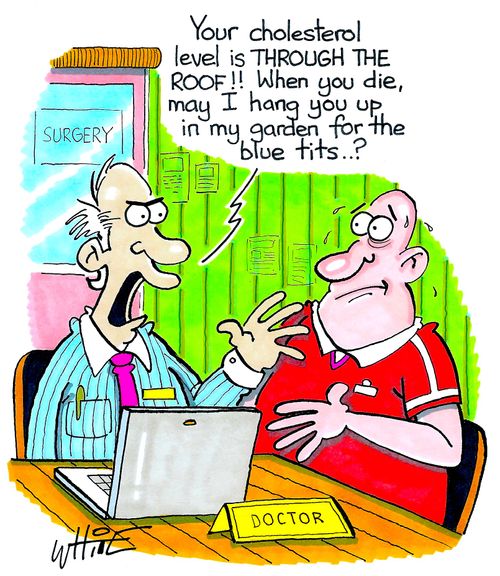 "Your cholesterol level is through the roof!! When you die, may I hang you up in my garden for the blue tits..?"