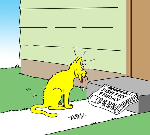 Cat Reads Newspaper Announcement About A Fish Fry