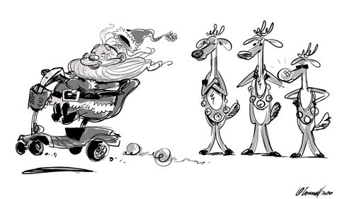 Santa replaces reindeer with a mobility scooter.