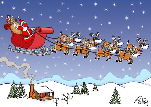 Santa and reindeer flying all wearing masks