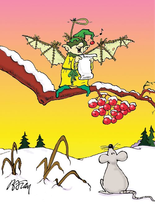 Small elf on a branch dressed as an angel singing to mouse.