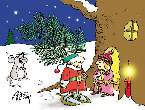 Elf delivering a pine branch to lady elf as mouse watches.