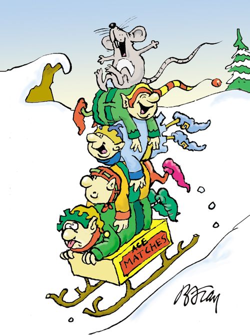 Elves riding on a match box sleigh with mouse on top.