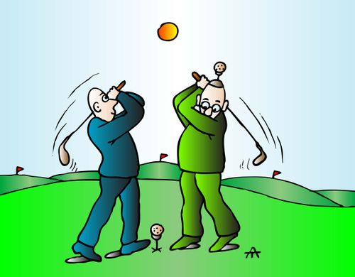 Golfer places tee on golfer dressed in green who is camouflaged...