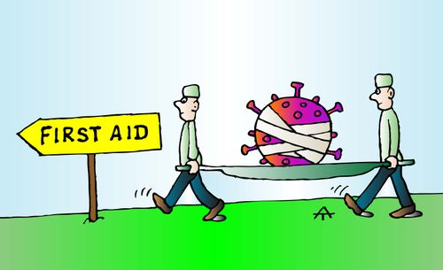 First aiders carry COVID-19 molecule on stretcher.