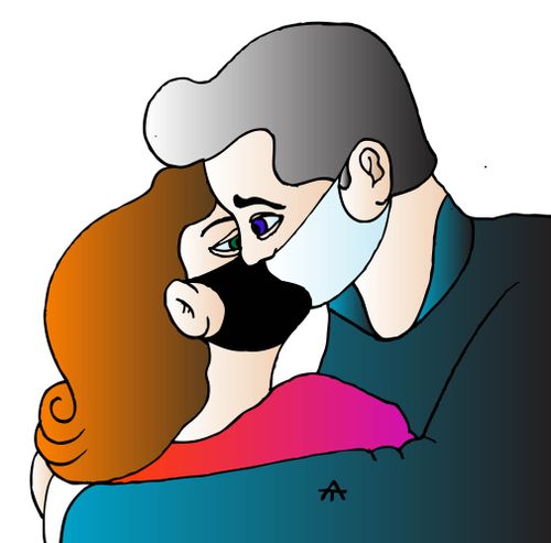 Man and woman kissing while wearing face masks