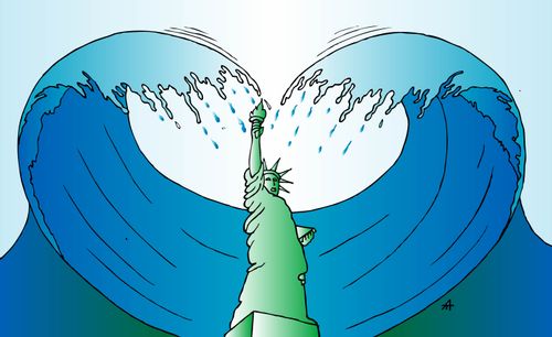 Waves form a heart around the statue of liberty