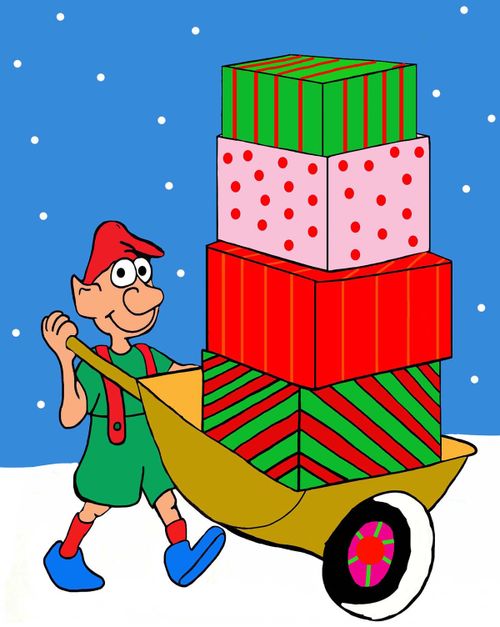 An elf pushes a wheelbarrow full of Chistmas presents