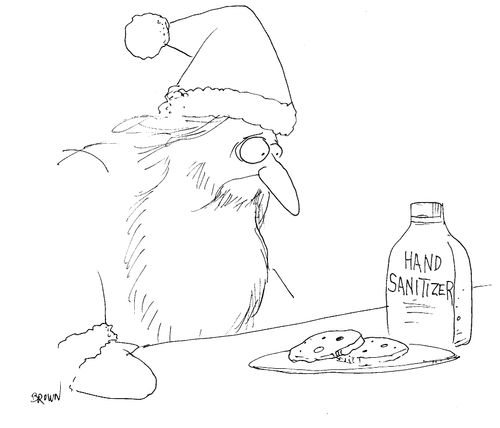 Santa looking at a plate of cookies and a bottle of hand sanitizer