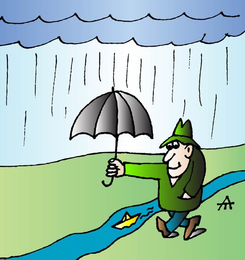 A man holding an umbrella over a paper boat