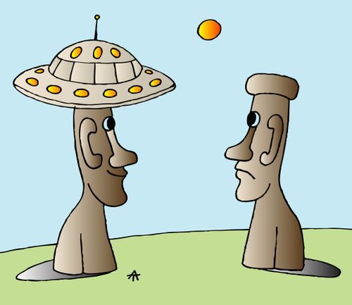 Moai wearing a spaceship for a hat