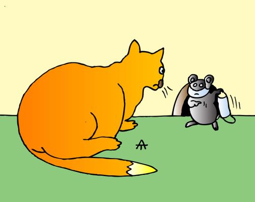 A mouse telling a cat to wear a face mask