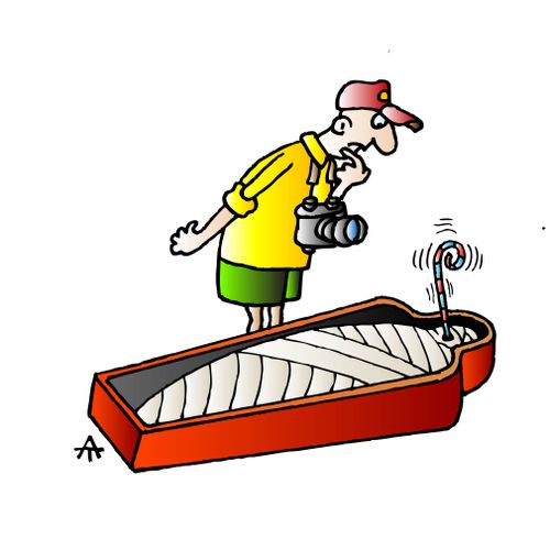 A tourist looks at a Mummy with a party horn