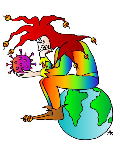 A jester hold a coronavirus and sits on the globe