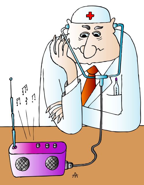 A doctor listens to the radio