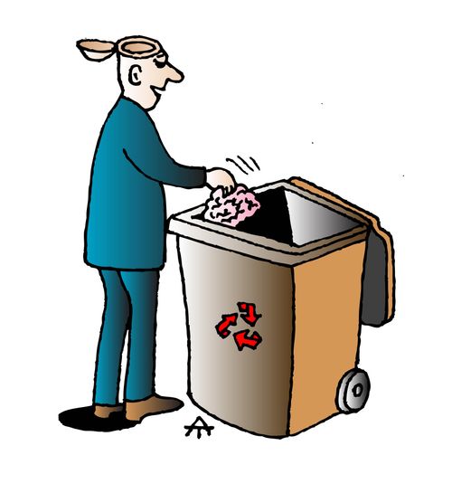 A man throwing his brain into a recycling bin