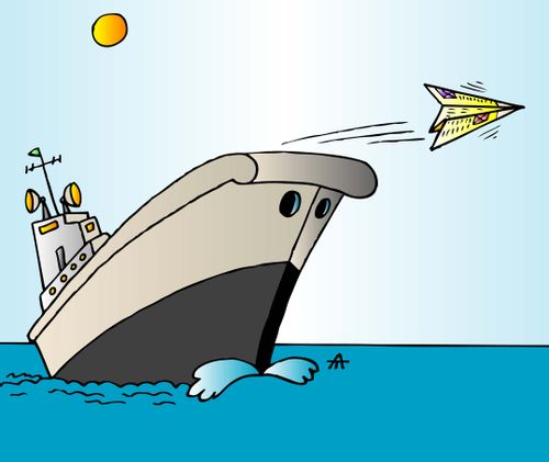 A paper aeroplane flies off a ship