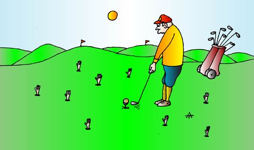A man playing golf while hands reach out from the ground