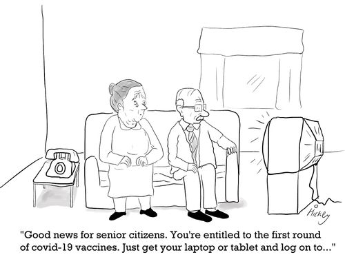 "Good news for seniors. You're entitled to the first round of the covid-19 vaccines. Just get your tablet or laptop and log on to..."