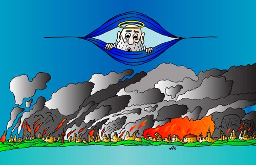 God looks down on a burning world