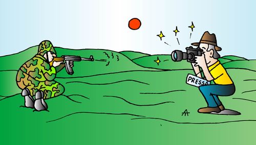 A soldier shooting at a press photographer